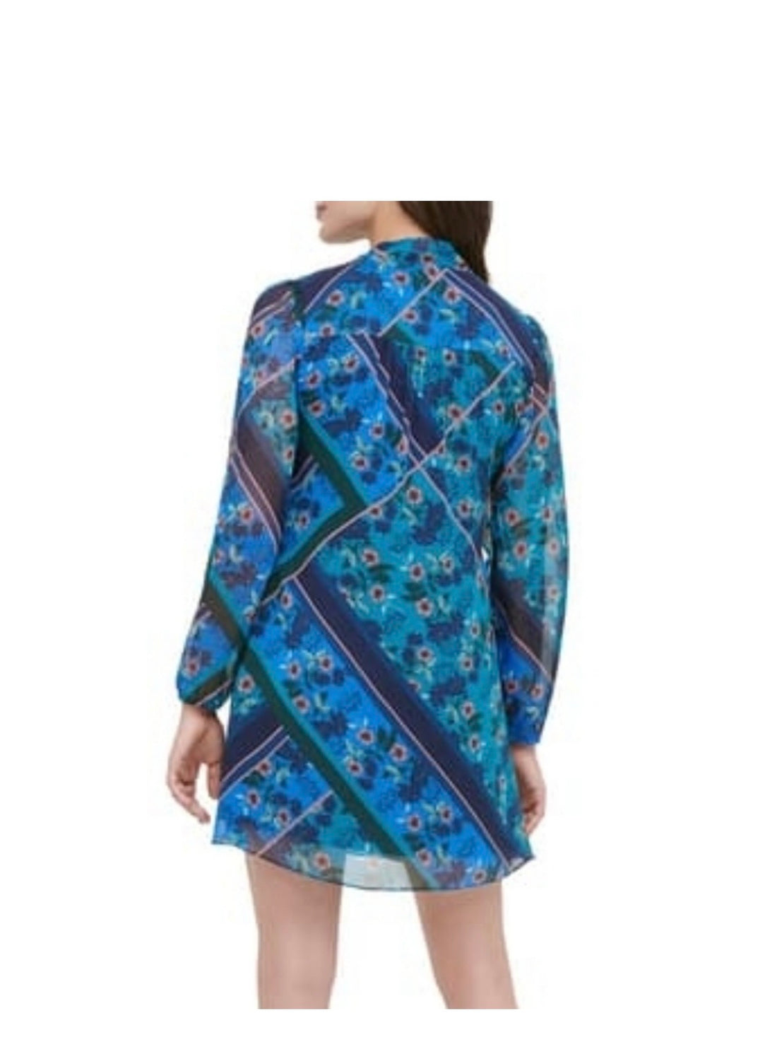 Floral Tie Neck Long Sleeve  Shift Dress