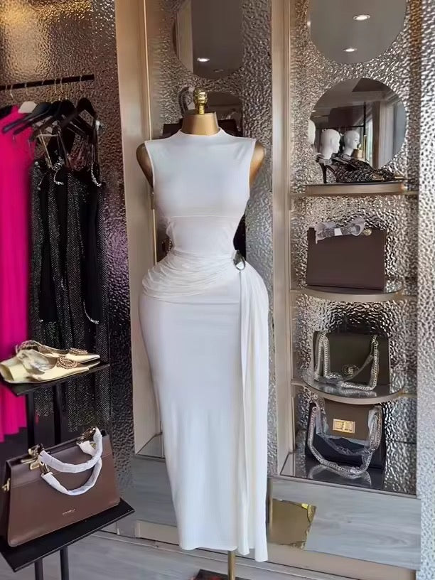 Elegant White Sleeveless Side-Drape Long Dress
