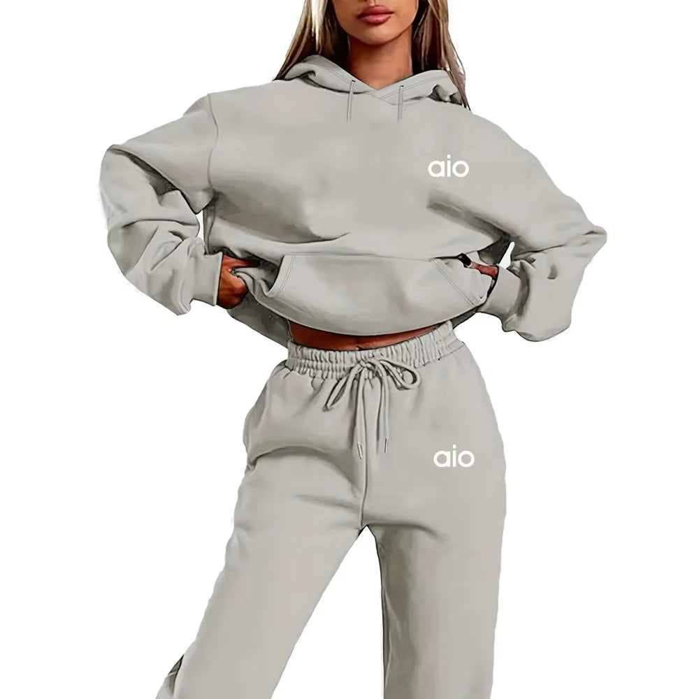 Women's Printed Fleece Hoodie Tracksuit Set